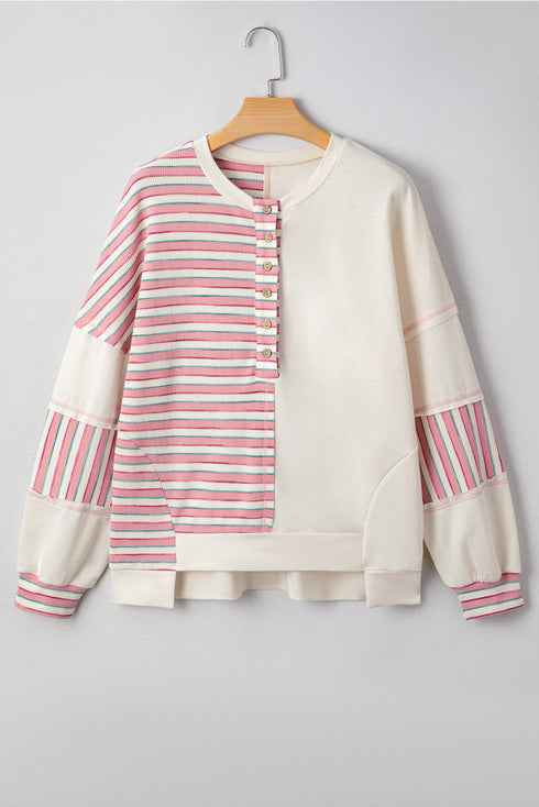 Colorblock Striped Patchwork Henley Pullover Top Exposed-Seam Drop-Shoulder
